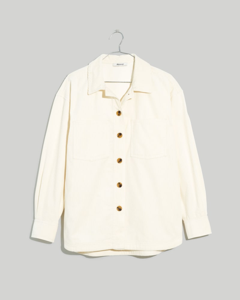 Front of a size 3X Oversized Corduroy Shirt Jacket in Lighthouse by Madewell. | dia_product_style_image_id:325461